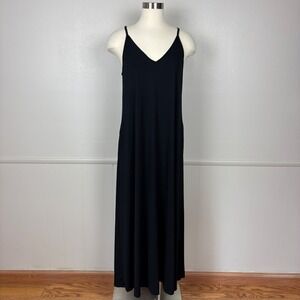 Skivys Goddess Gown Maxi Dress Size L Black Strappy Soft Flowy Shelf Bra Pockets